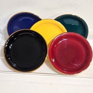 Stavangerflint Dessert Plates Set of 5 Colorful‎ 7in Gold Rim MCM Norway Modern
